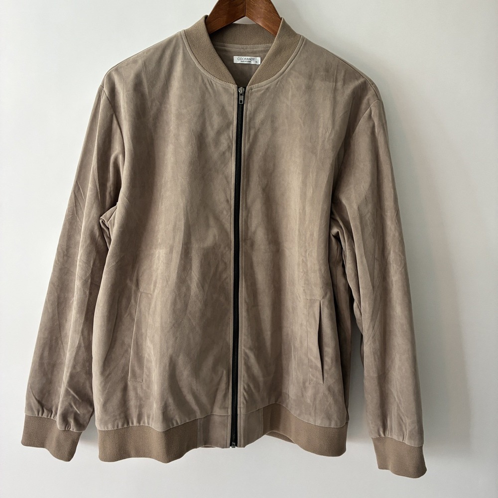 Faux Suede Bomber Jacket Men XL Brown Taupe Lightweight Casual Full Zip Varsity
